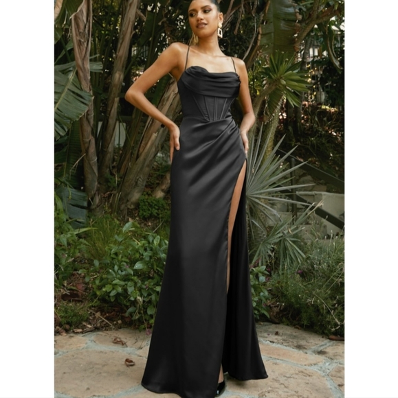 Black Corset Cowl Satin Dress - Picture 2 of 6